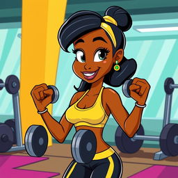 A vibrant animated vector illustration of Tiana from Disney's The Princess and the Frog, showcasing her in a gym setting