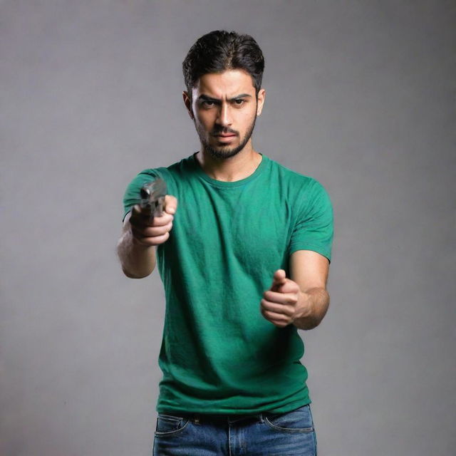 Placed in a dark room, the young Arabic man in a bottle green t-shirt and blue jeans is now holding a pistol, creating an aura of suspense and intrigue.