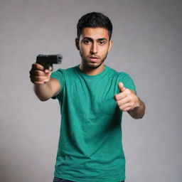 Placed in a dark room, the young Arabic man in a bottle green t-shirt and blue jeans is now holding a pistol, creating an aura of suspense and intrigue.