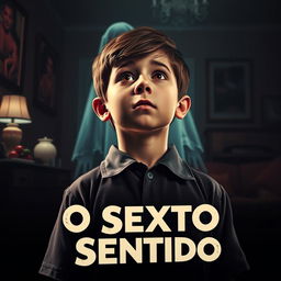 A 1950s-style movie poster for "O Sexto Sentido" featuring Cole Sear, a 12-year-old boy with short brown hair, wearing a vintage school uniform, staring ahead with fear