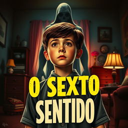 A 1950s-style movie poster for "O Sexto Sentido" featuring Cole Sear, a 12-year-old boy with short brown hair, wearing a vintage school uniform, staring ahead with fear