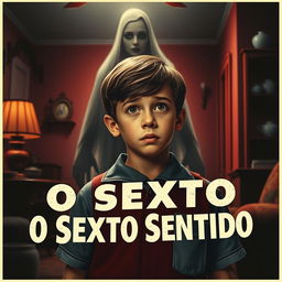 A 1950s-style movie poster for "O Sexto Sentido" featuring Cole Sear, a 12-year-old boy with short brown hair, wearing a vintage school uniform, staring ahead with fear