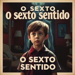 A 1950s-style movie poster for "O Sexto Sentido" featuring Cole Sear, a 12-year-old boy with short brown hair, wearing a vintage school uniform, staring ahead with fear