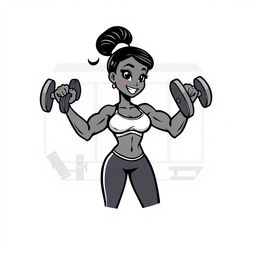 A stylized vector animation logo of a fitness-themed character resembling Tiana, lifting dumbbells in a gym setting