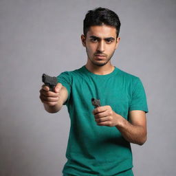 Placed in a dark room, the young Arabic man in a bottle green t-shirt and blue jeans is now holding a pistol, creating an aura of suspense and intrigue.