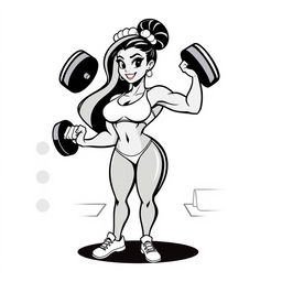 A stylized vector animation logo of a fitness-themed character resembling Tiana, lifting dumbbells in a gym setting