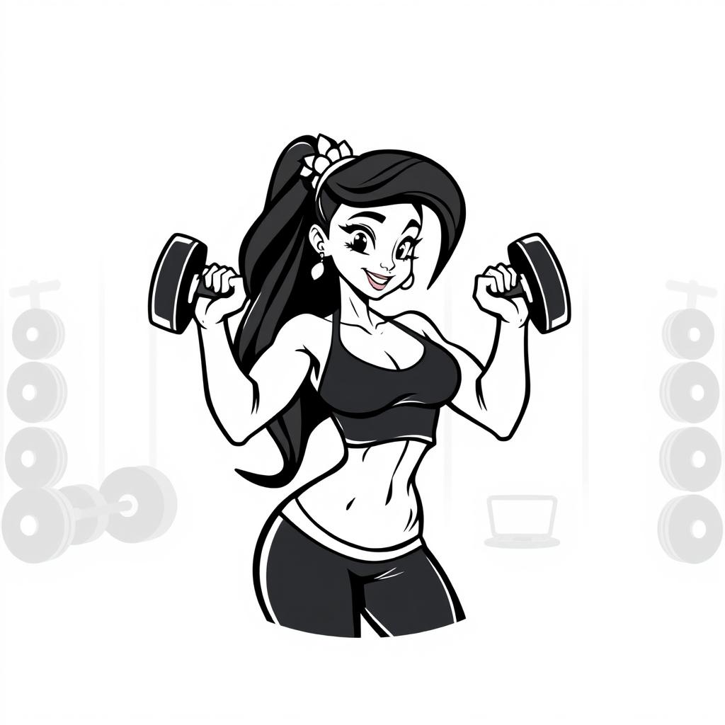 A stylized vector animation logo of a fitness-themed character resembling Tiana, lifting dumbbells in a gym setting