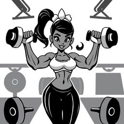 A stylized vector animation logo of a fitness-themed character resembling Tiana, lifting dumbbells in a gym setting