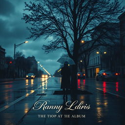 A melancholic album cover featuring a rainy city street at dusk, with dim streetlights casting a soft glow on the wet pavement