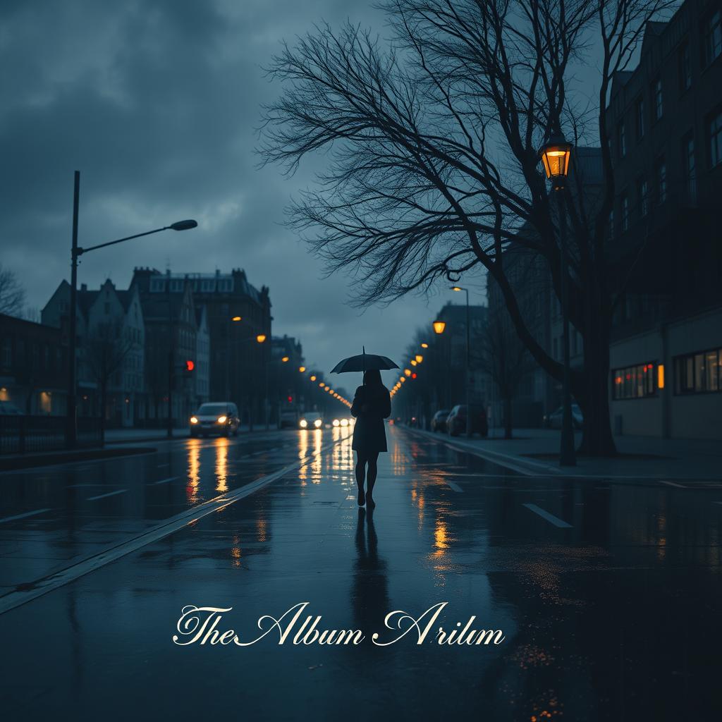 A melancholic album cover featuring a rainy city street at dusk, with dim streetlights casting a soft glow on the wet pavement