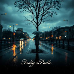 A melancholic album cover featuring a rainy city street at dusk, with dim streetlights casting a soft glow on the wet pavement