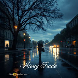 A melancholic album cover featuring a rainy city street at dusk, with dim streetlights casting a soft glow on the wet pavement