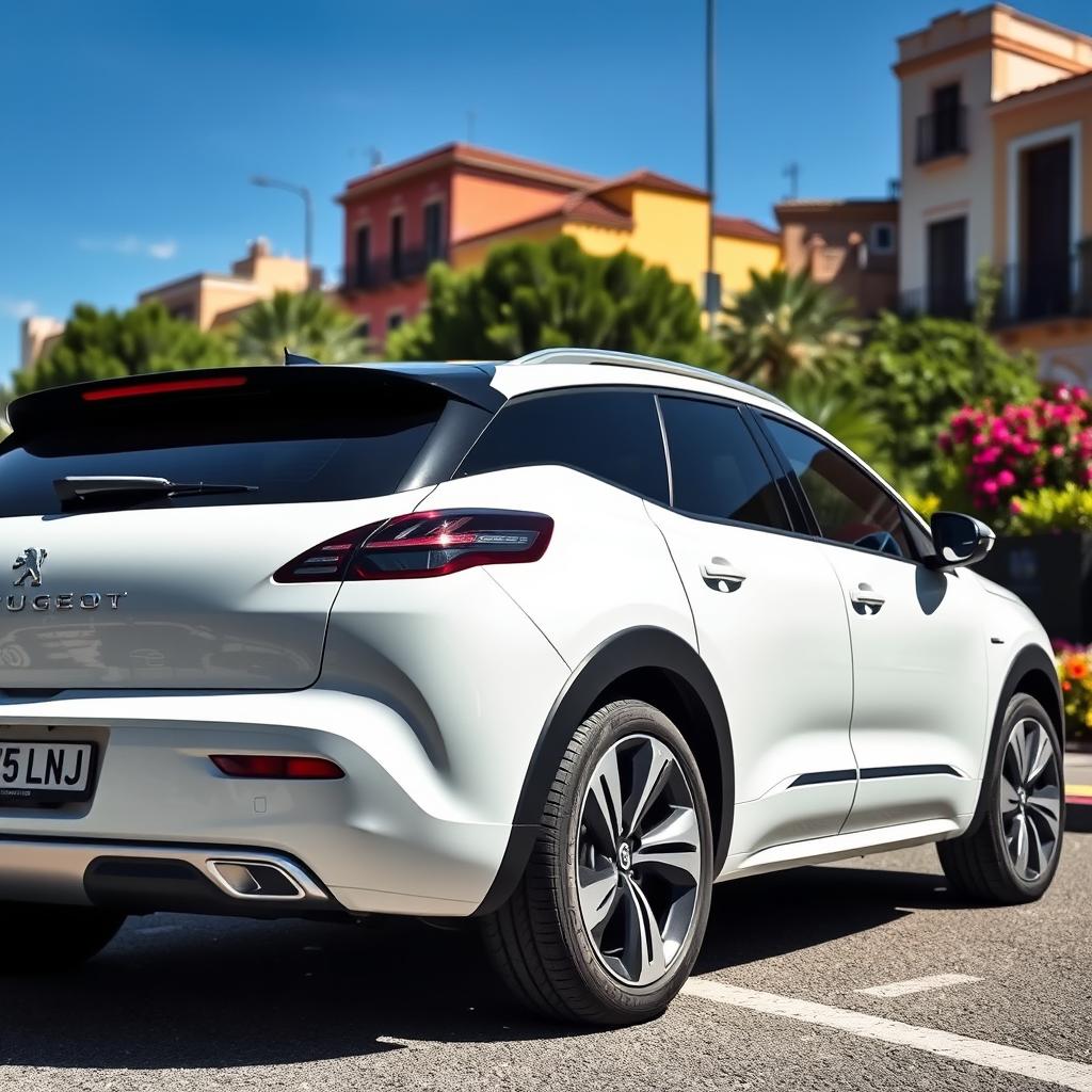 A sleek white Peugeot 3008 GTC parked on a street in Spain