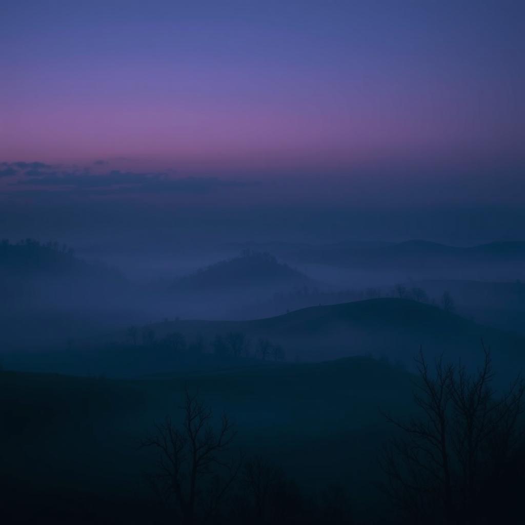 A somber and atmospheric background design for a music track cover, featuring a dark, misty landscape