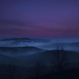 A somber and atmospheric background design for a music track cover, featuring a dark, misty landscape