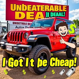 A vibrant and eye-catching YouTube thumbnail featuring a bright red 2022 Jeep Wrangler, parked at an auction site