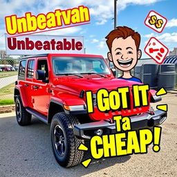 A vibrant and eye-catching YouTube thumbnail featuring a bright red 2022 Jeep Wrangler, parked at an auction site