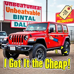 A vibrant and eye-catching YouTube thumbnail featuring a bright red 2022 Jeep Wrangler, parked at an auction site