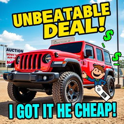 A vibrant and eye-catching YouTube thumbnail featuring a bright red 2022 Jeep Wrangler, parked at an auction site