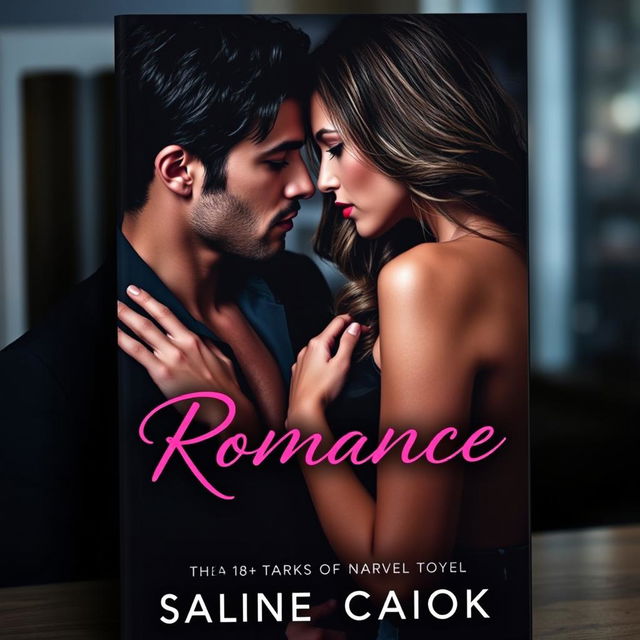 A romantic book cover featuring a sexy man with black hair and a charismatic expression, alongside a sexy woman with wavy brown hair, both deeply gazing into each other's eyes