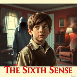 A 1950s-style movie poster for "The Sixth Sense" featuring Cole Sear, a 12-year-old boy with short brown hair, dressed in a vintage school uniform, looking ahead with a frightened expression