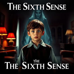 A 1950s-style movie poster for "The Sixth Sense" featuring Cole Sear, a 12-year-old boy with short brown hair, dressed in a vintage school uniform, looking ahead with a frightened expression