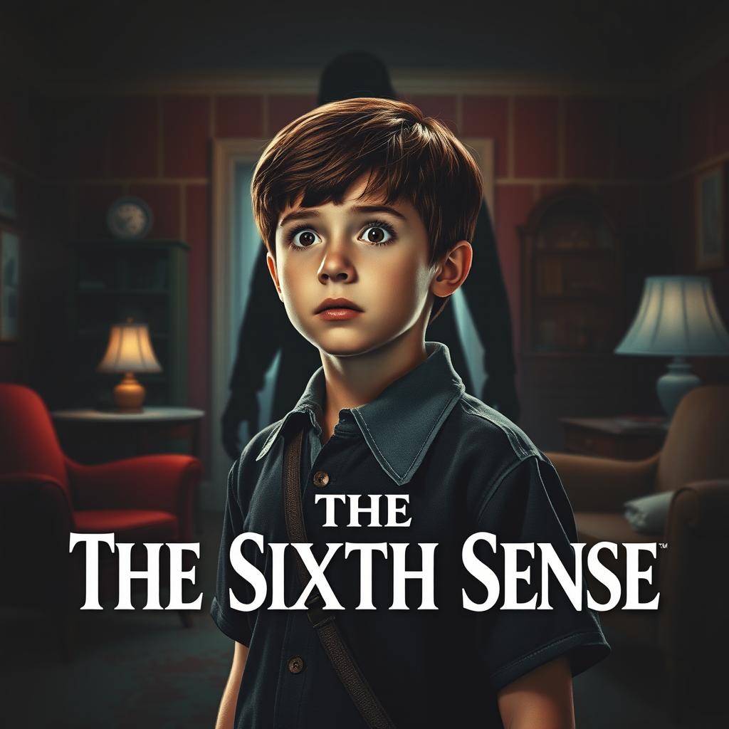 A 1950s-style movie poster for "The Sixth Sense" featuring Cole Sear, a 12-year-old boy with short brown hair, dressed in a vintage school uniform, looking ahead with a frightened expression