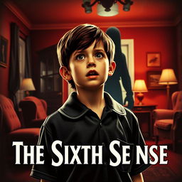 A 1950s-style movie poster for "The Sixth Sense" featuring Cole Sear, a 12-year-old boy with short brown hair, dressed in a vintage school uniform, looking ahead with a frightened expression