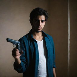 The dark room enveloping the young Arabic man in casual attire holding a pistol, grows even darker, enhancing the suspense and intensity of the scene.