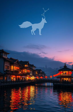 A captivating cityscape featuring traditional Chinese-themed buildings lining a bustling harbor, adorned with colorful lanterns casting a warm glow in the evening