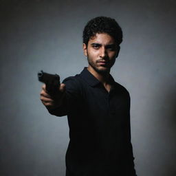 The dark room enveloping the young Arabic man in casual attire holding a pistol, grows even darker, enhancing the suspense and intensity of the scene.