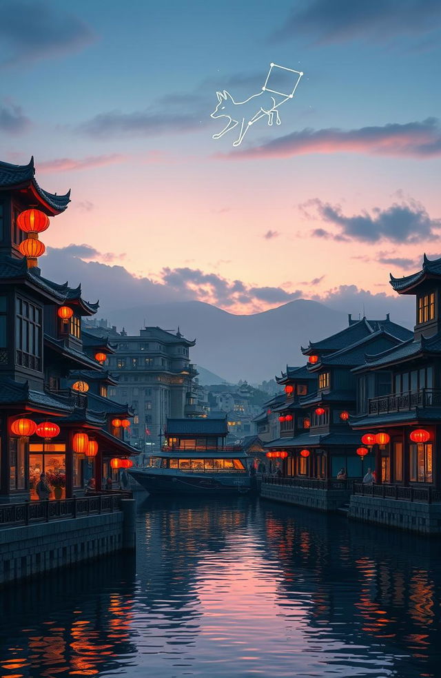 A captivating cityscape featuring traditional Chinese-themed buildings lining a bustling harbor, adorned with colorful lanterns casting a warm glow in the evening