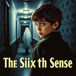 A retro 1950s-style poster for "The Sixth Sense" featuring Cole Sear, a 12-year-old boy with short brown hair, dressed in a vintage 1950s coat and shirt