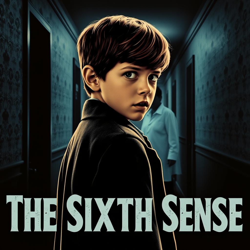 A retro 1950s-style poster for "The Sixth Sense" featuring Cole Sear, a 12-year-old boy with short brown hair, dressed in a vintage 1950s coat and shirt