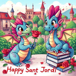 Colorful illustrations of animated dragons celebrating Sant Jordi, featuring vibrant colors, playful expressions, and intricate details like scales and mythical adornments