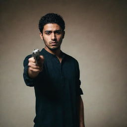 The dark room enveloping the young Arabic man in casual attire holding a pistol, grows even darker, enhancing the suspense and intensity of the scene.