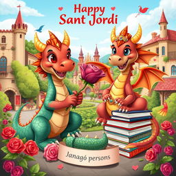 Colorful illustrations of animated dragons celebrating Sant Jordi, featuring vibrant colors, playful expressions, and intricate details like scales and mythical adornments