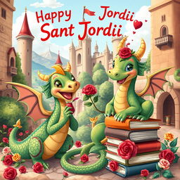 Colorful illustrations of animated dragons celebrating Sant Jordi, featuring vibrant colors, playful expressions, and intricate details like scales and mythical adornments