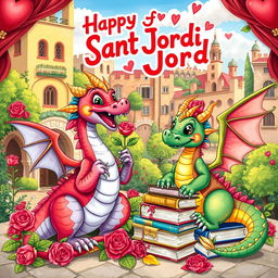 Colorful illustrations of animated dragons celebrating Sant Jordi, featuring vibrant colors, playful expressions, and intricate details like scales and mythical adornments