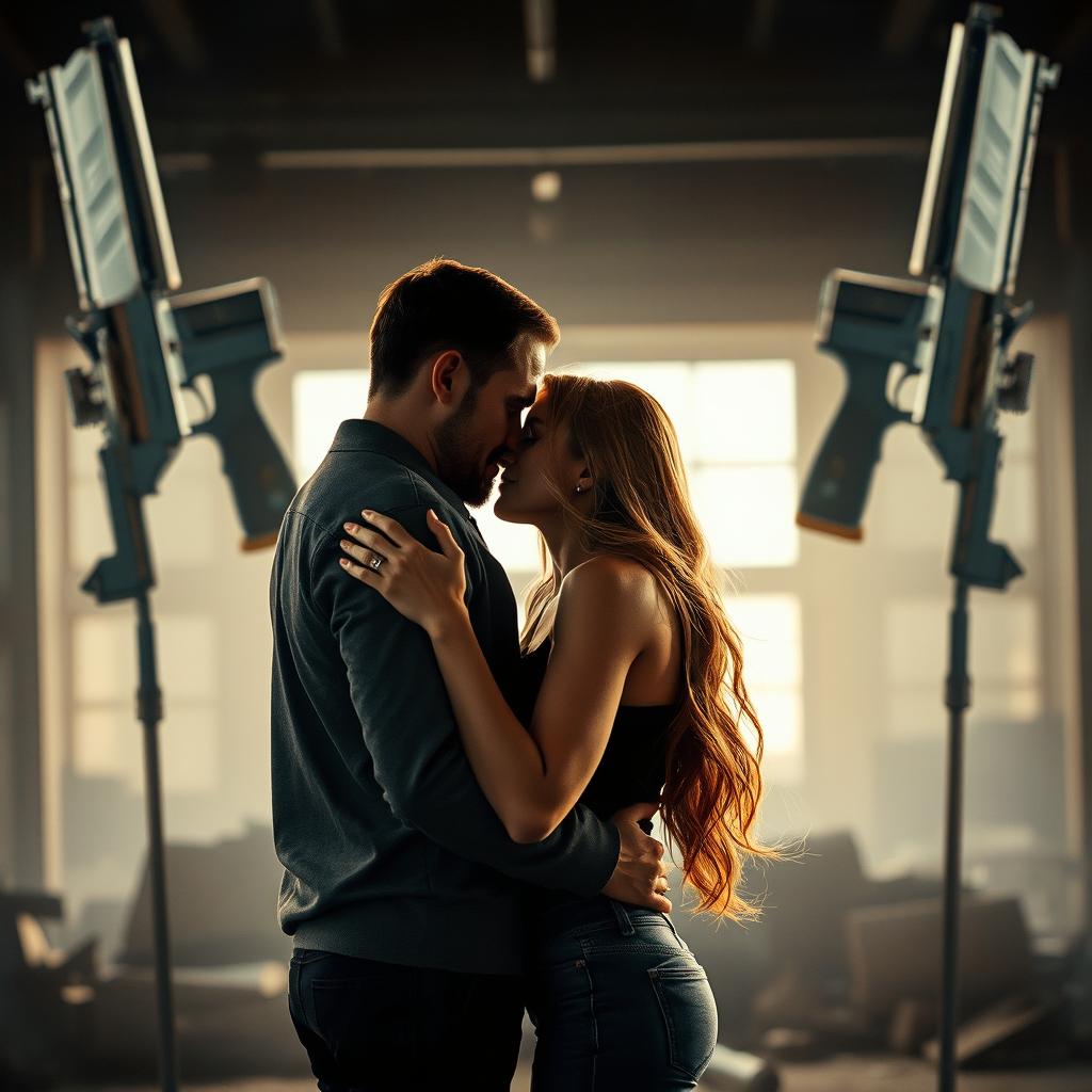 A romantic scene set in an industrial environment featuring two guns prominently displayed in the background, creating a stark contrast between danger and love