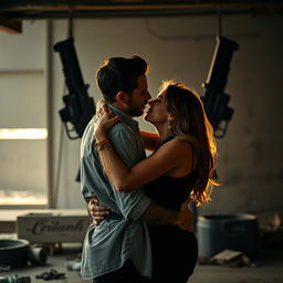 A romantic scene set in an industrial environment featuring two guns prominently displayed in the background, creating a stark contrast between danger and love