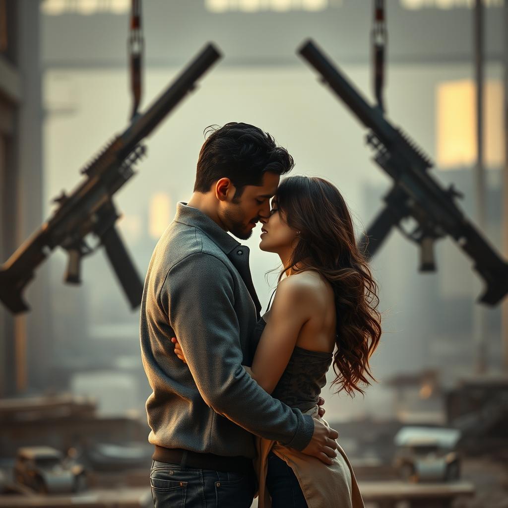 A romantic scene set in an industrial environment featuring two guns prominently displayed in the background, creating a stark contrast between danger and love