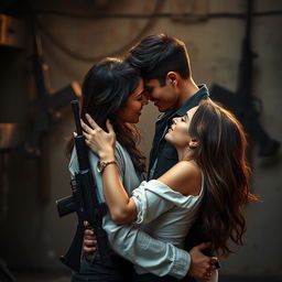 A romantic scene set in an industrial environment featuring two guns prominently displayed in the background, creating a stark contrast between danger and love