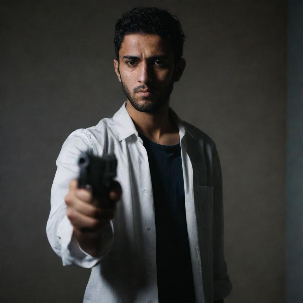 The dark room enveloping the young Arabic man in casual attire holding a pistol, grows even darker, enhancing the suspense and intensity of the scene.