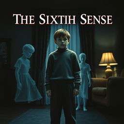 A 1950s-inspired movie poster for "The Sixth Sense" featuring Cole Sear, a 12-year-old boy with short brown hair, standing frozen in fear, dressed in a period-appropriate sweater and pants