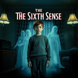 A 1950s-inspired movie poster for "The Sixth Sense" featuring Cole Sear, a 12-year-old boy with short brown hair, standing frozen in fear, dressed in a period-appropriate sweater and pants