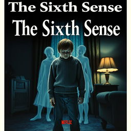 A 1950s-inspired movie poster for "The Sixth Sense" featuring Cole Sear, a 12-year-old boy with short brown hair, standing frozen in fear, dressed in a period-appropriate sweater and pants