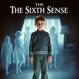 A 1950s-inspired movie poster for "The Sixth Sense" featuring Cole Sear, a 12-year-old boy with short brown hair, standing frozen in fear, dressed in a period-appropriate sweater and pants