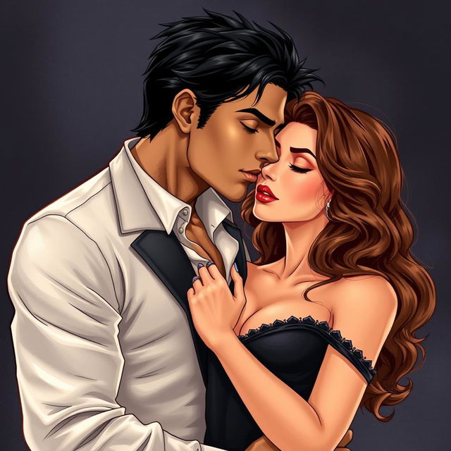 A romantic cover illustration featuring a couple in an intimate embrace