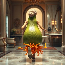 A realistic feminine avocado with a vibrant green skin, its back turned towards the viewer, gracefully running inside a lavishly decorated luxurious house